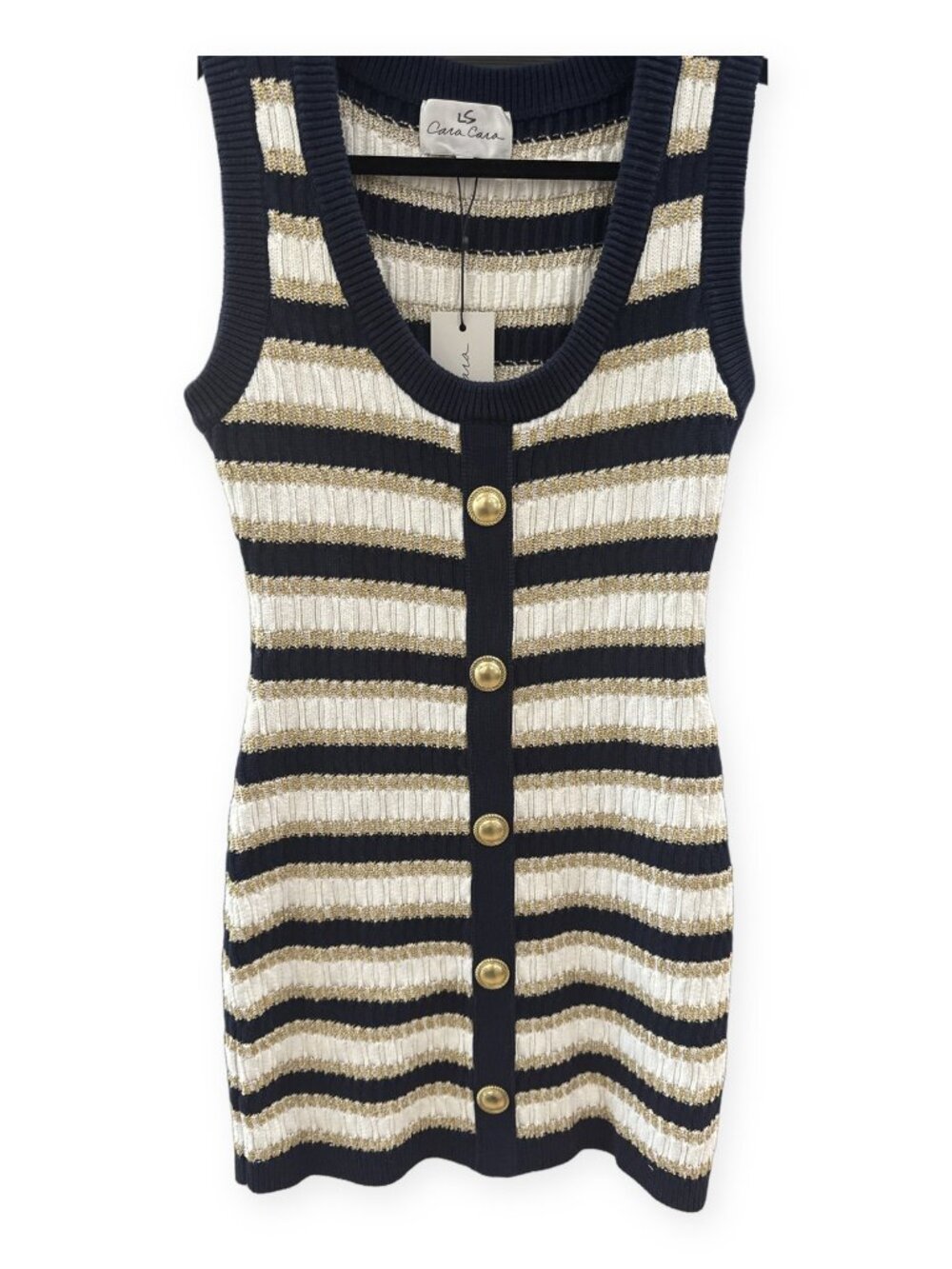Cara Cara NYC Nicole Knit Sweater Dress Navy Gold Lurex Stripe Mini Size L NWT